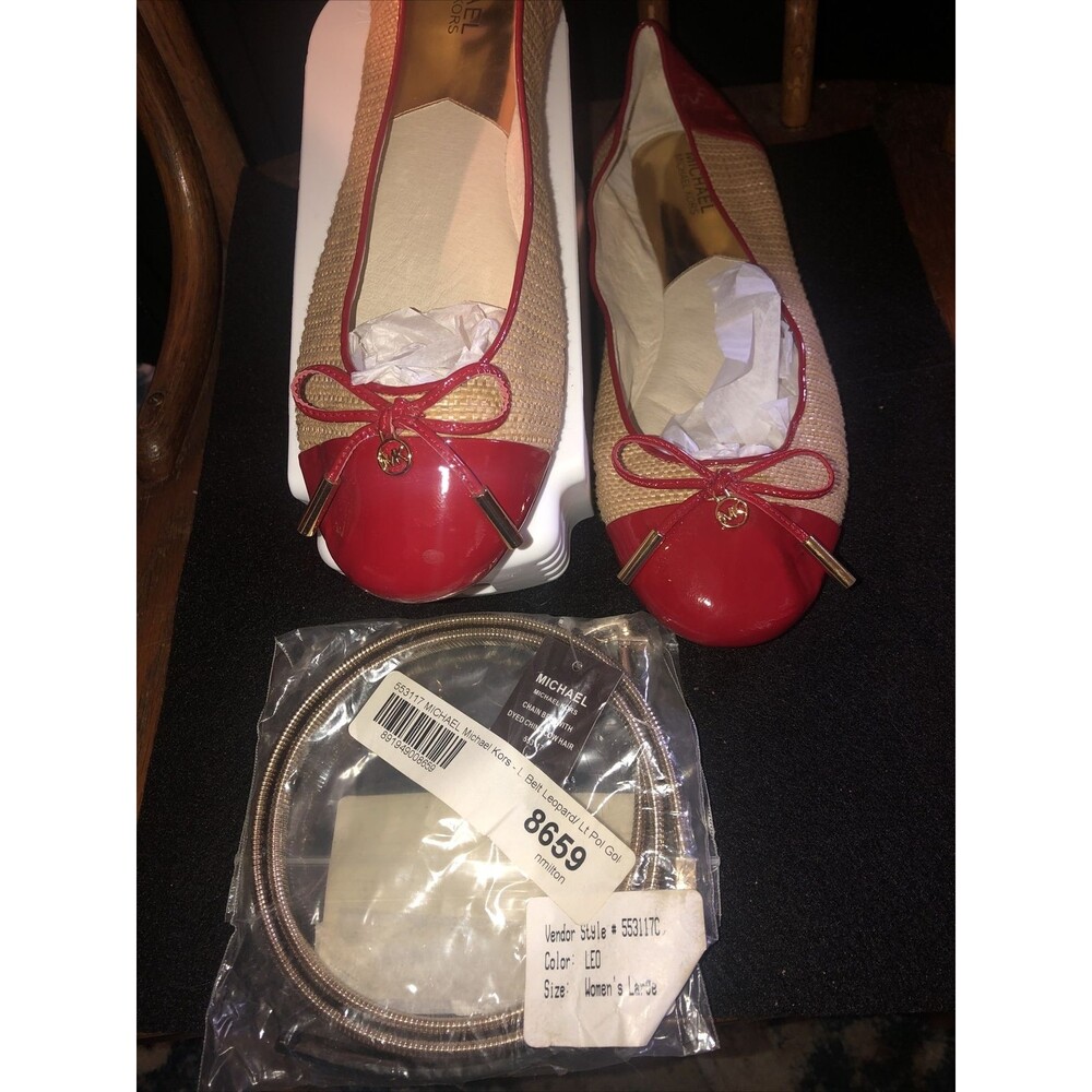 Michael Kors Shoes Womens 10M Red Slip On - Logo & Leopard  Metal Belt -NWT